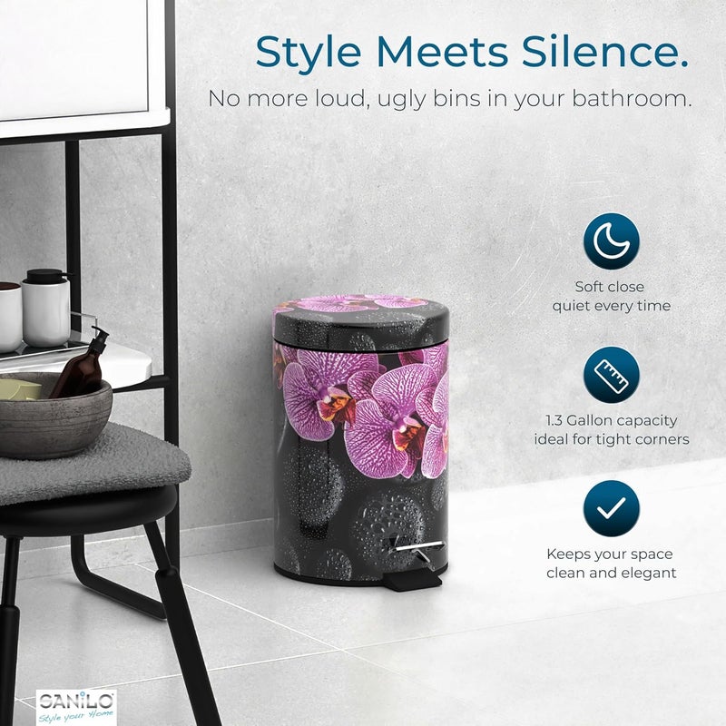 Sanilo Small Bathroom Trash Can with Lid [1.3 Gallon] - Lidded Tiny Trashcan for Garbage - Mini Metal Bin with Soft Closing Mechanism - Bath Room Accessoire Wastebin with Inner Bucket (Madeira) - Image 3
